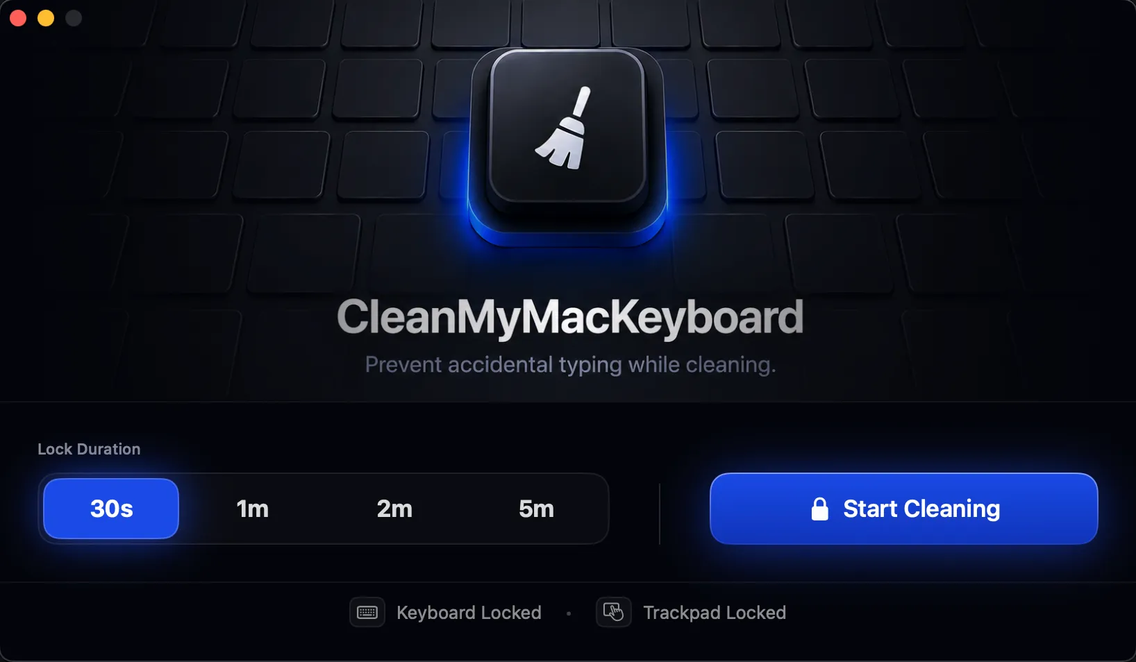 CleanMyMacKeyboard's single window with the 30s/1m/2m/5m lock-duration picker and Start button.