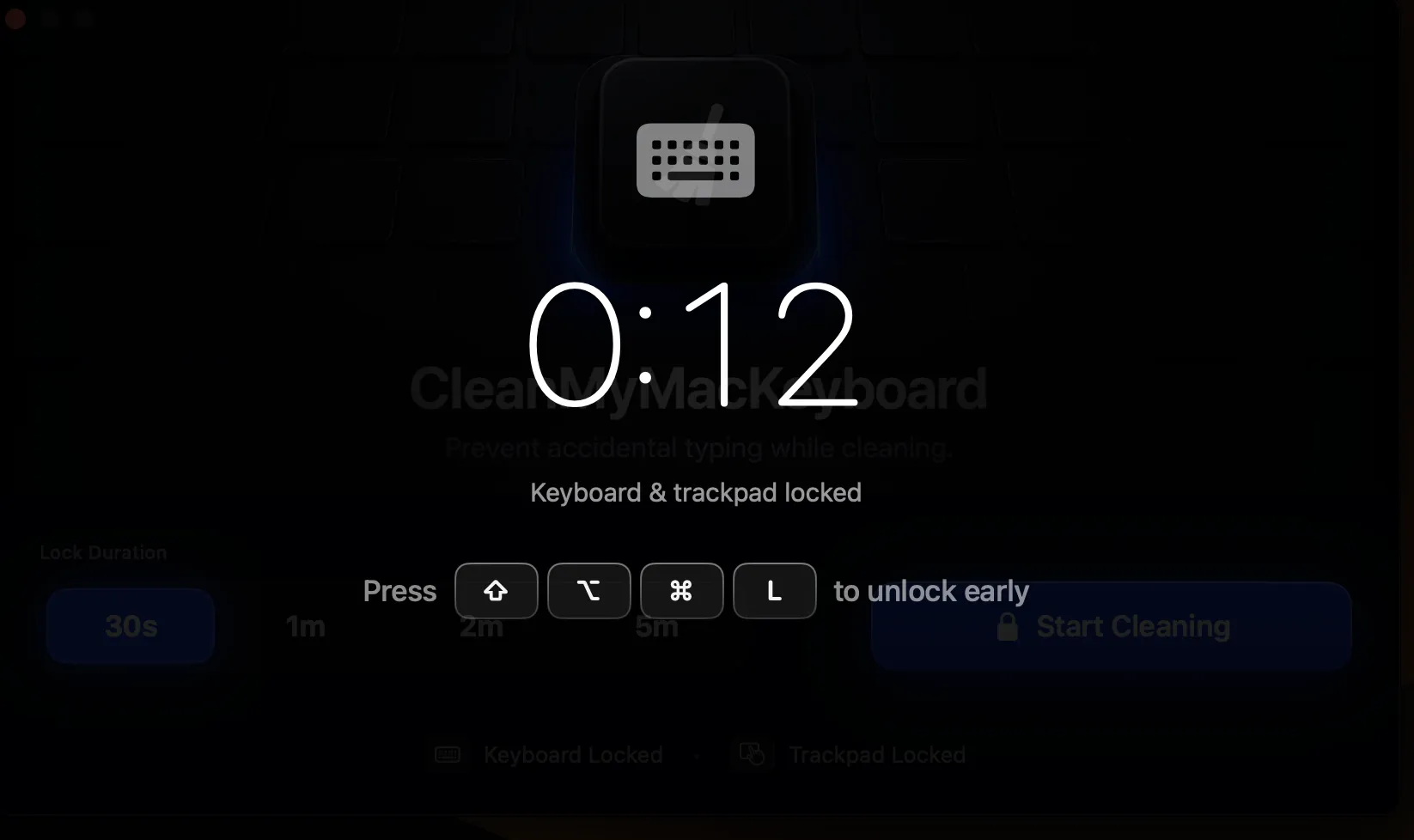 Full-screen lock overlay counting down with keyboard and trackpad locked.