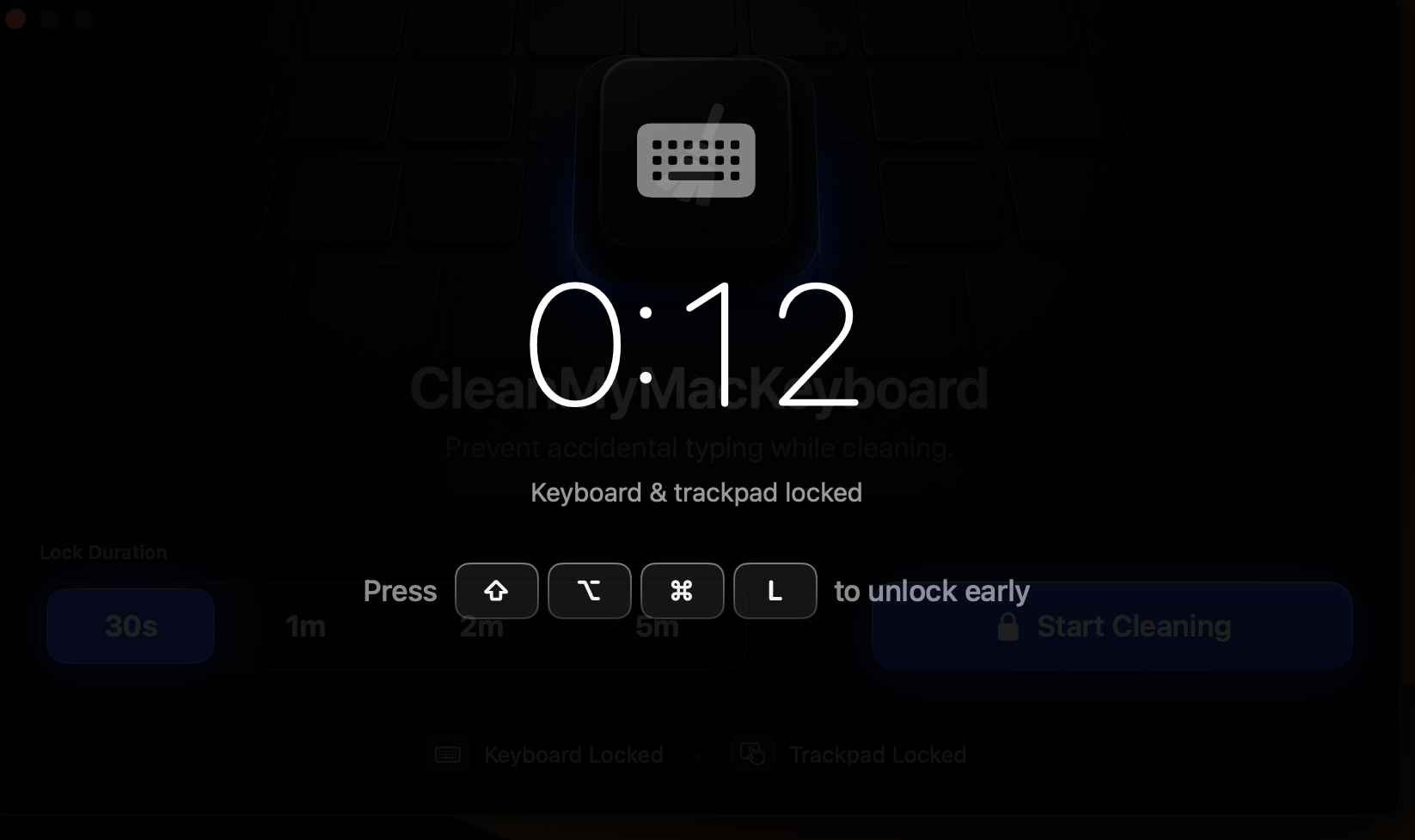 Full-screen lock overlay counting down with keyboard and trackpad locked.