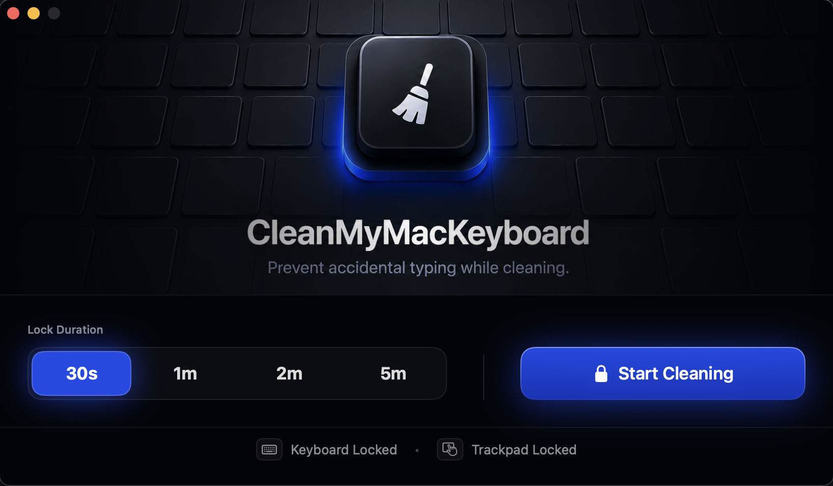 CleanMyMacKeyboard's single window with the 30s/1m/2m/5m lock-duration picker and Start button.
